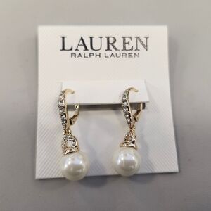 NWT Ralph Lauren Gold-Tone Pavé & Imitation Pearl Drop Earrings